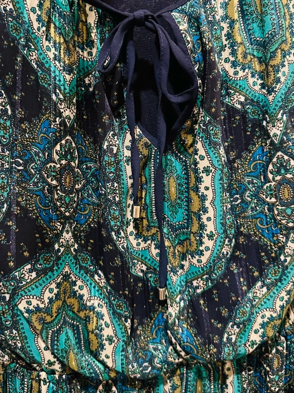 ECI Teal and Navy Printed Maxi Dress with Tie Neck - Picture 4 of 6